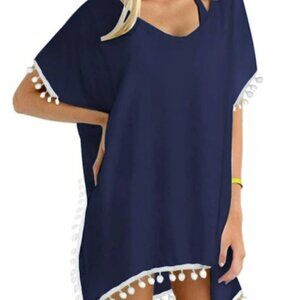 POM POM NAVY CHIFFON SWIMSUIT COVER UP BEACH COVERUP